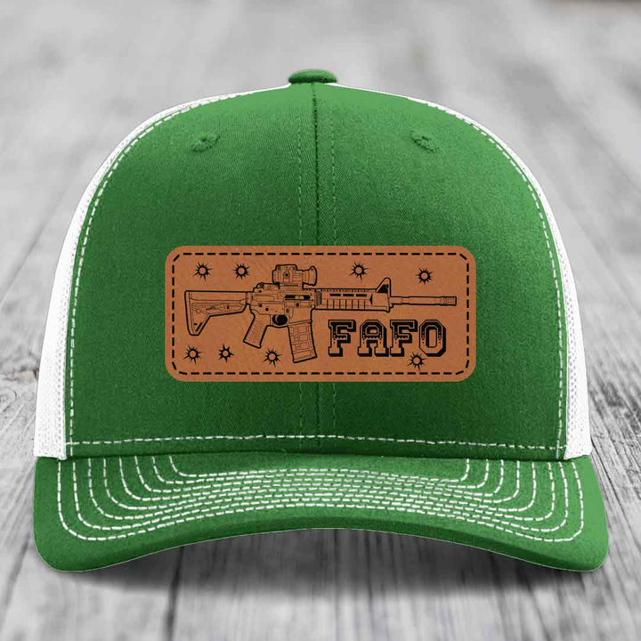 Ar15 Fafo - Leather Patch Hat - Rawhide to Black Patch - Richardson 112 Snapback Trucker Hat