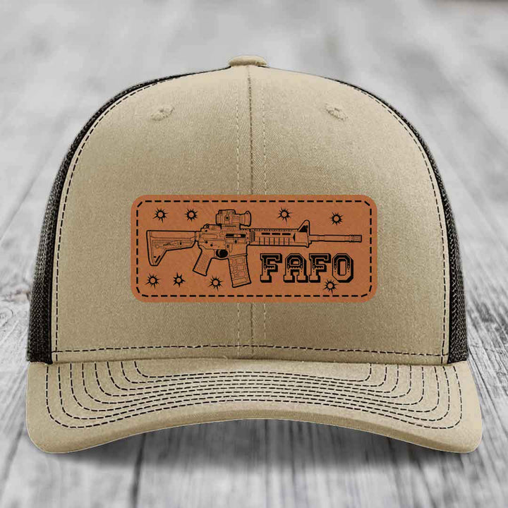 Ar15 Fafo - Leather Patch Hat - Rawhide to Black Patch - Richardson 112 Snapback Trucker Hat
