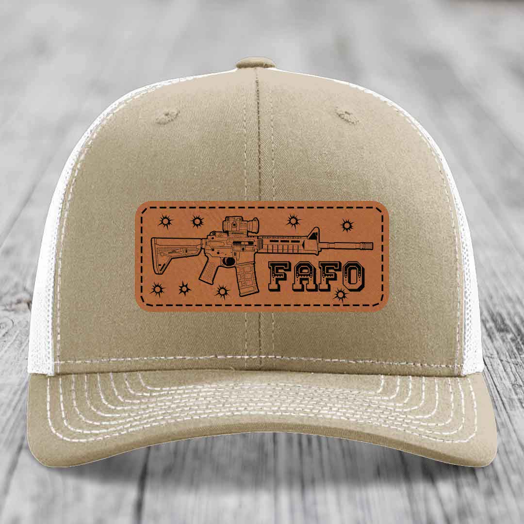Ar15 Fafo - Leather Patch Hat - Rawhide to Black Patch - Richardson 112 Snapback Trucker Hat