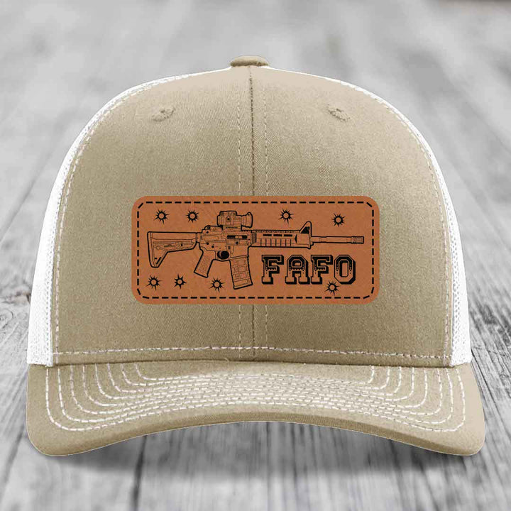 Ar15 Fafo - Leather Patch Hat - Rawhide to Black Patch - Richardson 112 Snapback Trucker Hat