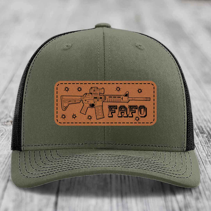 Ar15 Fafo - Leather Patch Hat - Rawhide to Black Patch - Richardson 112 Snapback Trucker Hat