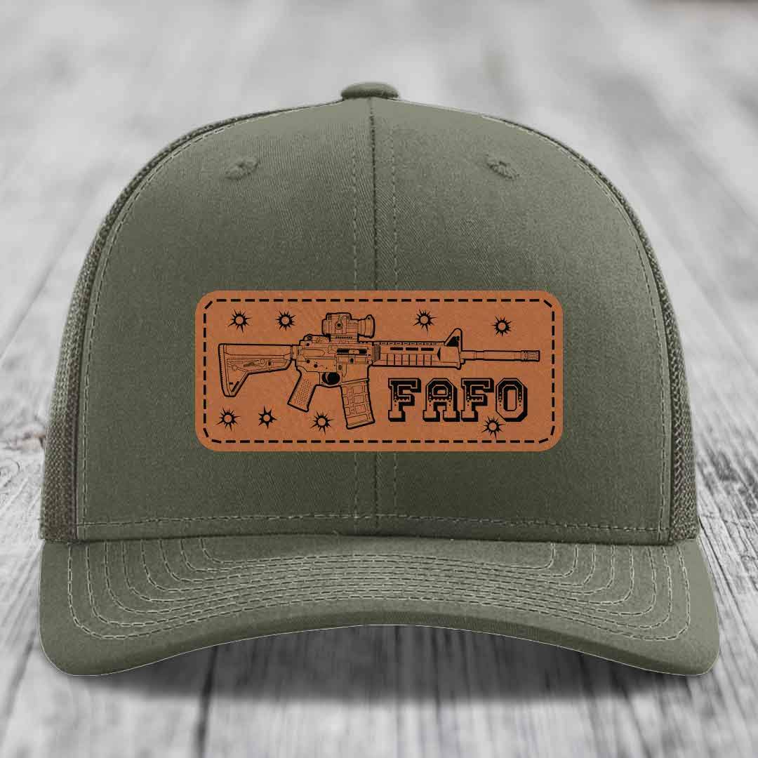 Ar15 Fafo - Leather Patch Hat - Rawhide to Black Patch - Richardson 112 Snapback Trucker Hat