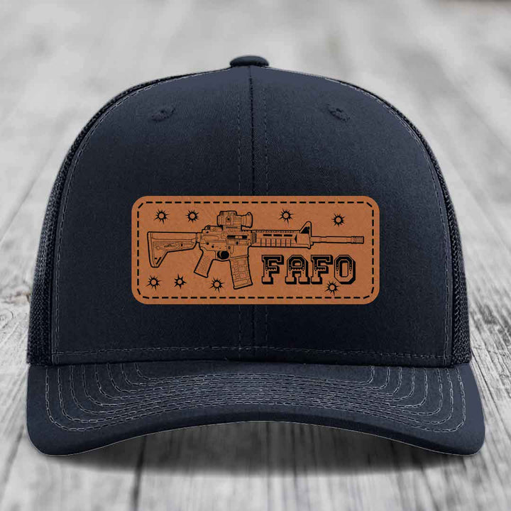 Ar15 Fafo - Leather Patch Hat - Rawhide to Black Patch - Richardson 112 Snapback Trucker Hat