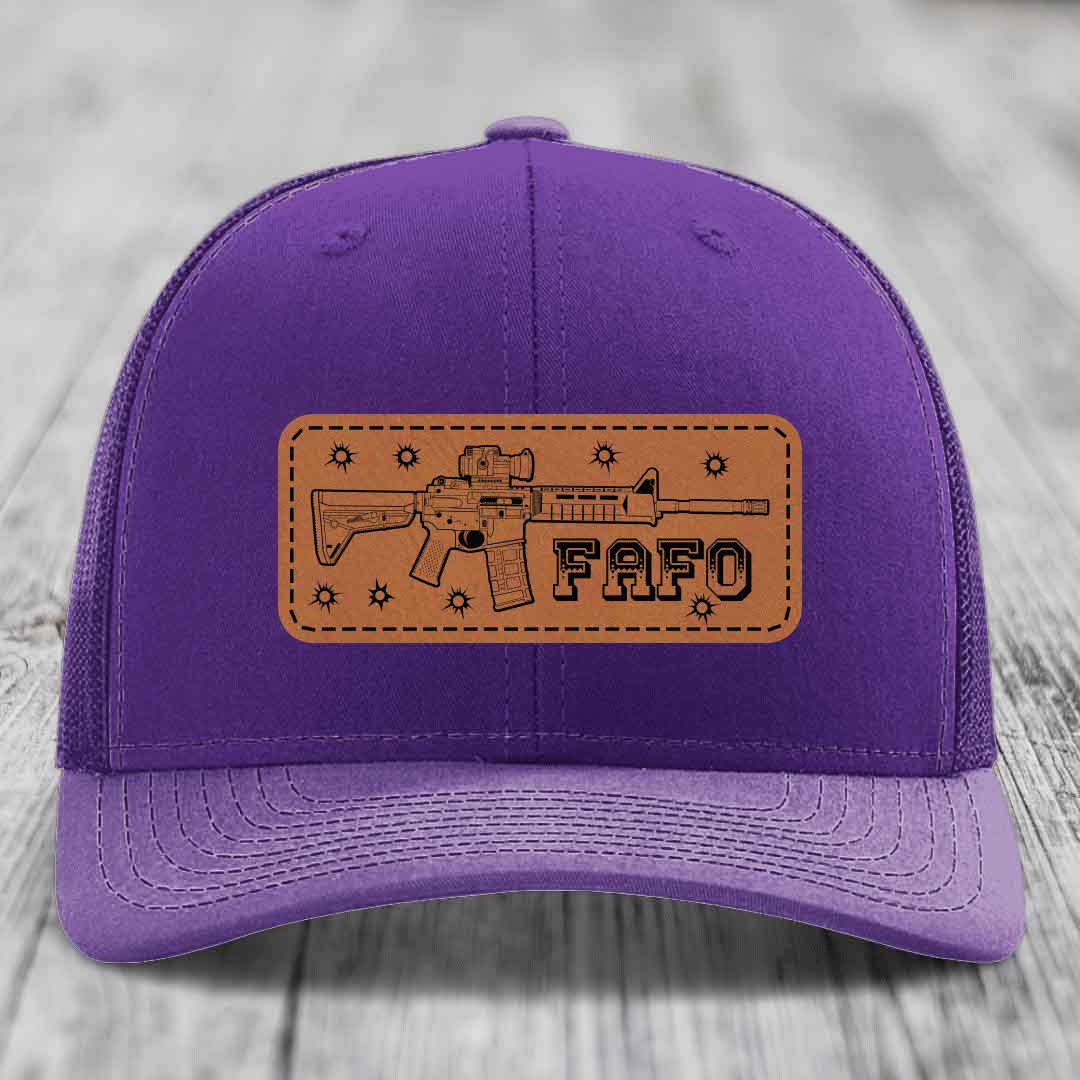 Ar15 Fafo - Leather Patch Hat - Rawhide to Black Patch - Richardson 112 Snapback Trucker Hat