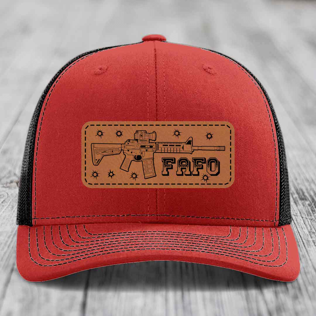 Ar15 Fafo - Leather Patch Hat - Rawhide to Black Patch - Richardson 112 Snapback Trucker Hat