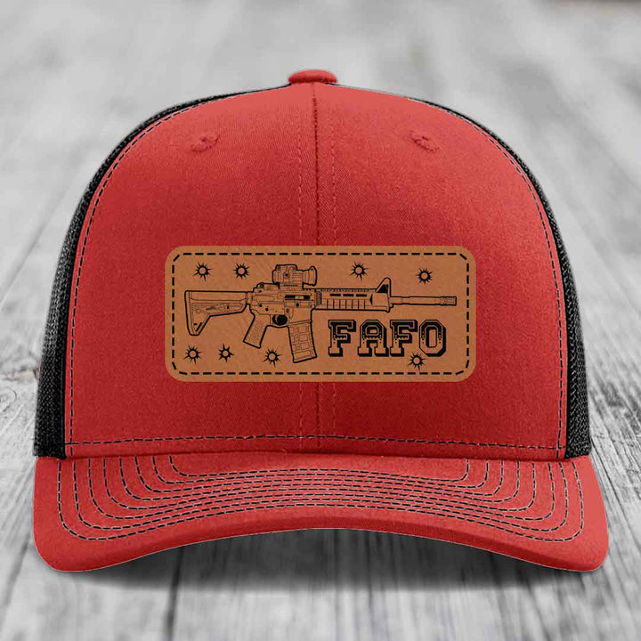 Ar15 Fafo - Leather Patch Hat - Rawhide to Black Patch - Richardson 112 Snapback Trucker Hat