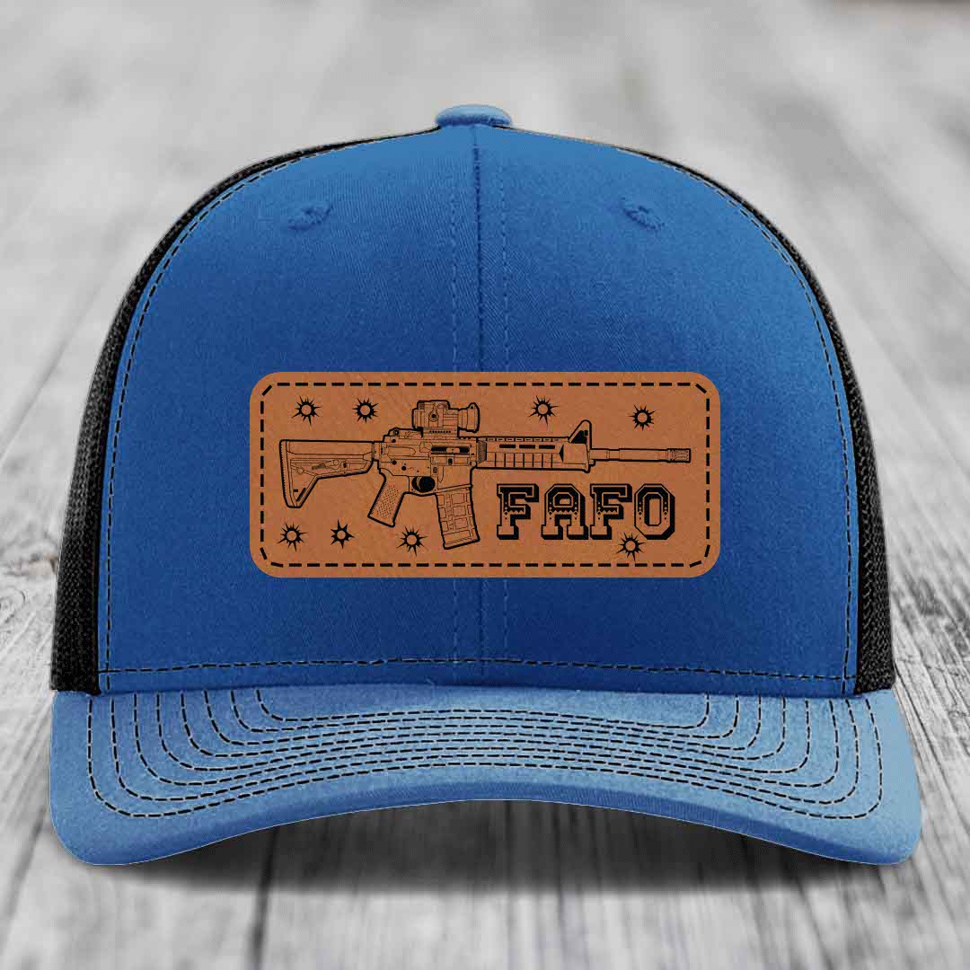 Ar15 Fafo - Leather Patch Hat - Rawhide to Black Patch - Richardson 112 Snapback Trucker Hat