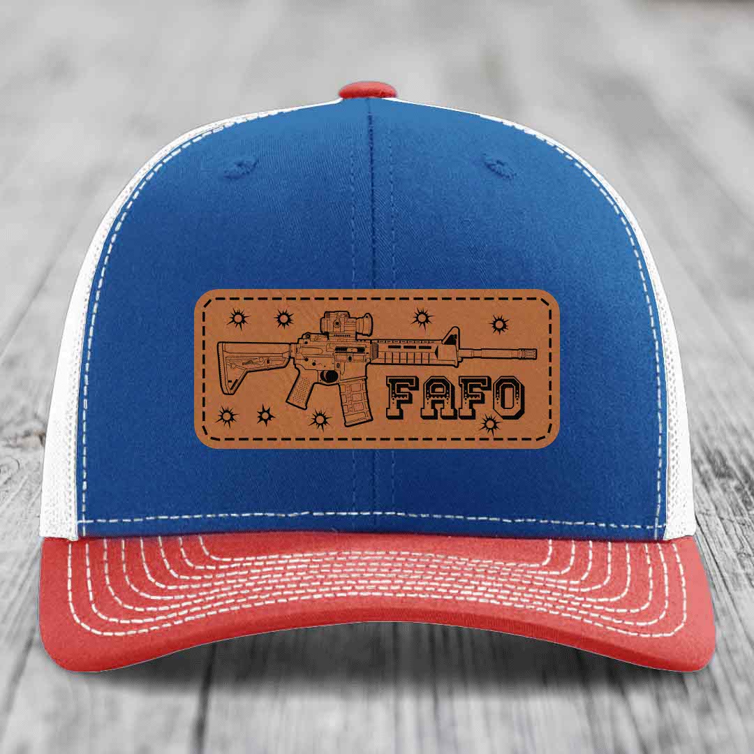 Ar15 Fafo - Leather Patch Hat - Rawhide to Black Patch - Richardson 112 Snapback Trucker Hat