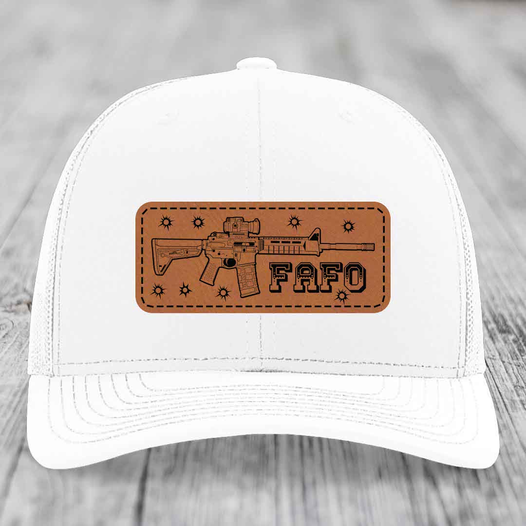 Ar15 Fafo - Leather Patch Hat - Rawhide to Black Patch - Richardson 112 Snapback Trucker Hat