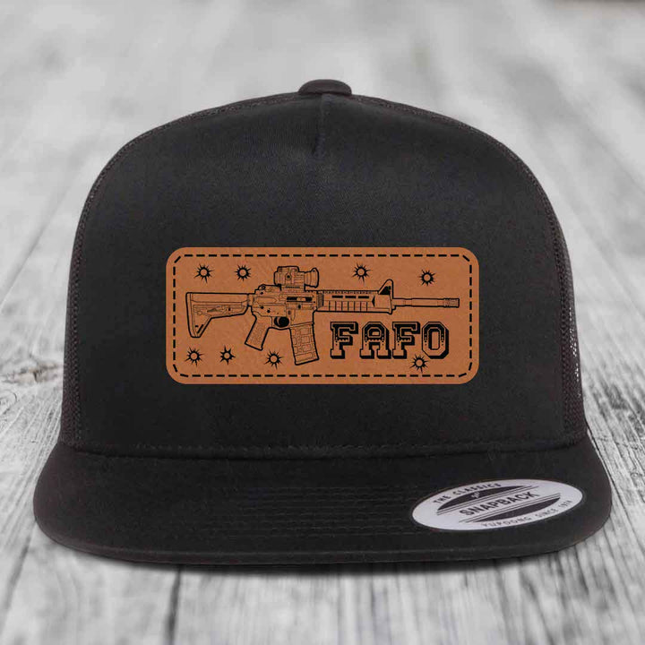 Ar15 Fafo - Leather Patch Hat - Rawhide to Black Patch - Yupoong 6006 Snapback Flatbill Hat