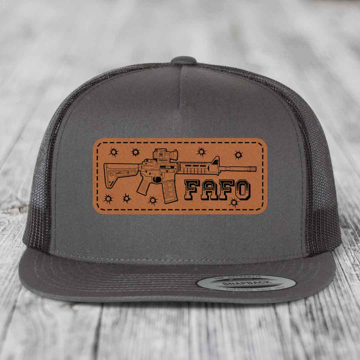 Ar15 Fafo - Leather Patch Hat - Rawhide to Black Patch - Yupoong 6006 Snapback Flatbill Hat
