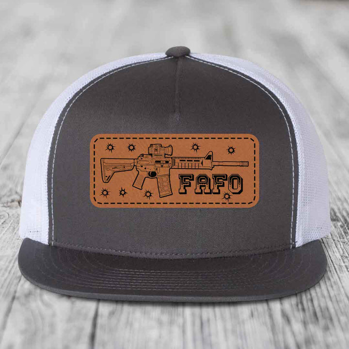 Ar15 Fafo - Leather Patch Hat - Rawhide to Black Patch - Yupoong 6006 Snapback Flatbill Hat