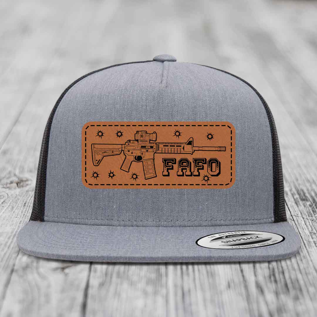 Ar15 Fafo - Leather Patch Hat - Rawhide to Black Patch - Yupoong 6006 Snapback Flatbill Hat