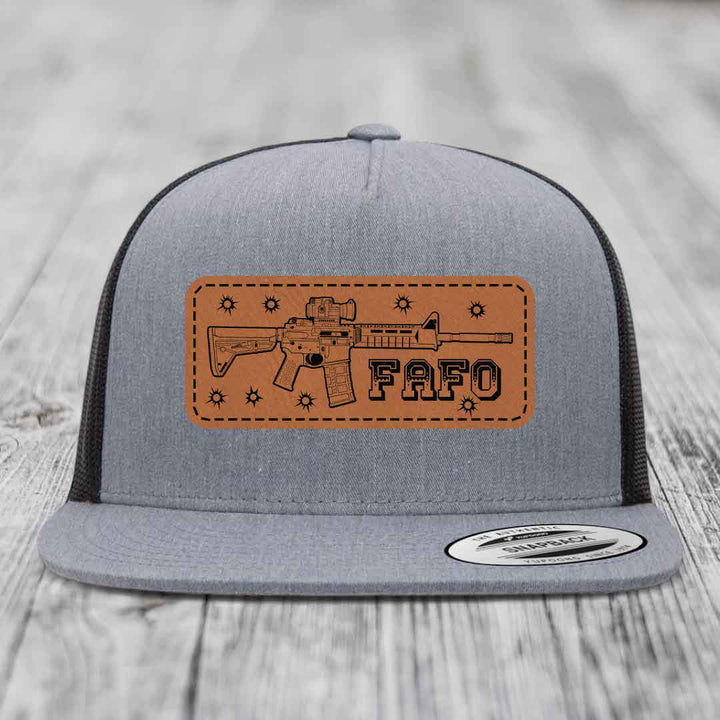 Ar15 Fafo - Leather Patch Hat - Rawhide to Black Patch - Yupoong 6006 Snapback Flatbill Hat