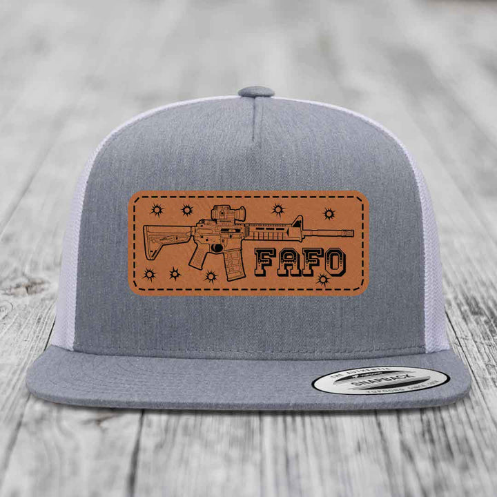 Ar15 Fafo - Leather Patch Hat - Rawhide to Black Patch - Yupoong 6006 Snapback Flatbill Hat
