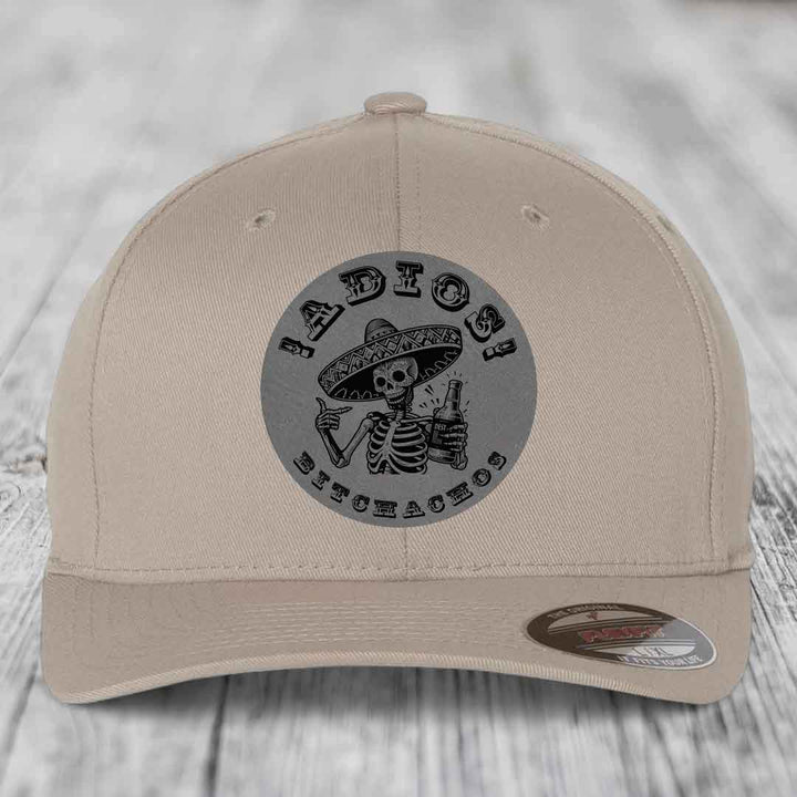 Adios Bitchachos - Leather Patch Hat - Grey to Black Patch - Flexfit 6277 Fitted Hat