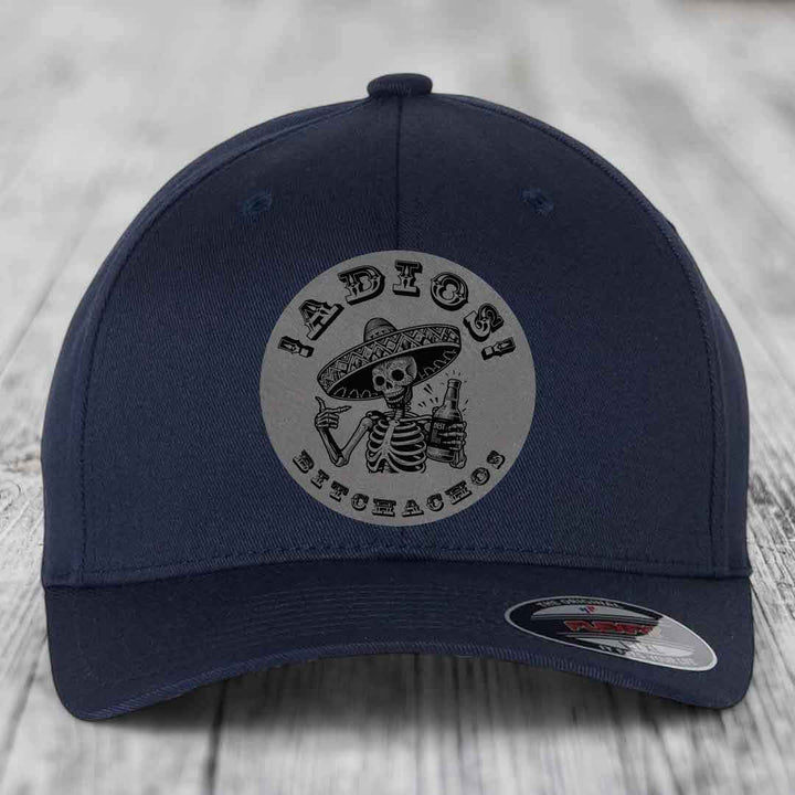 Adios Bitchachos - Leather Patch Hat - Grey to Black Patch - Flexfit 6277 Fitted Hat