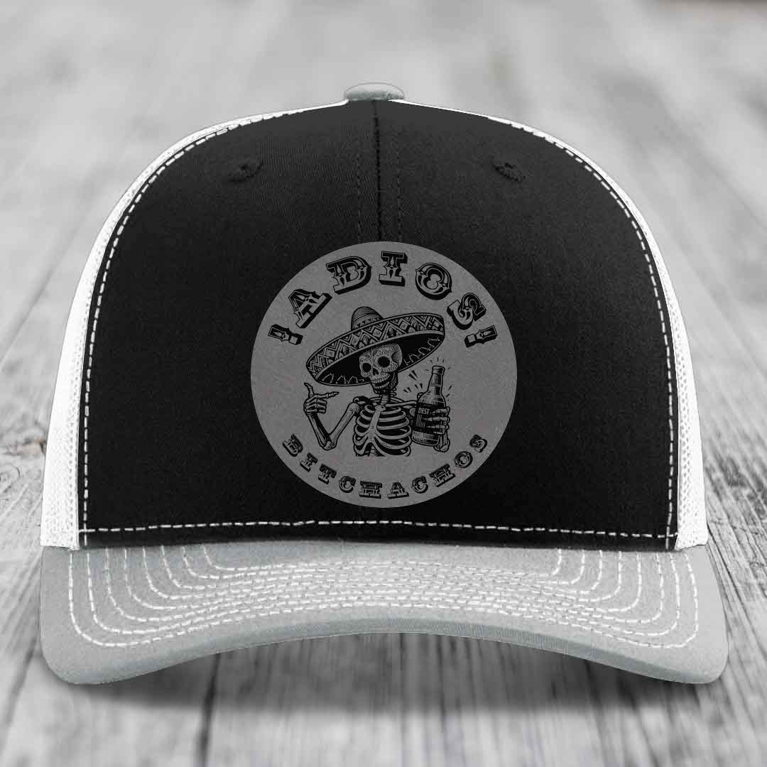 Adios Bitchachos - Leather Patch Hat - Grey to Black Patch - Richardson 112 Snapback Trucker Hat