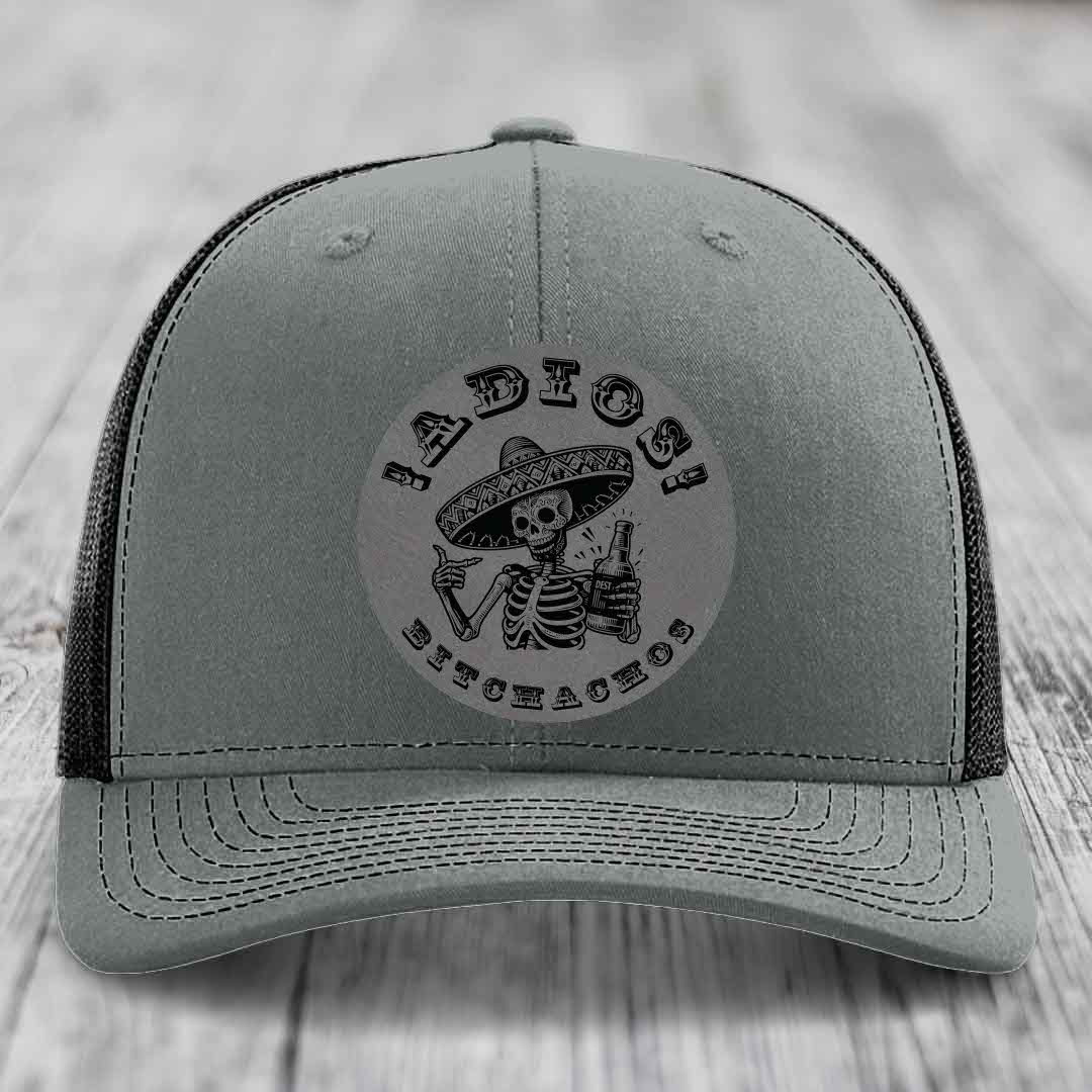 Adios Bitchachos - Leather Patch Hat - Grey to Black Patch - Richardson 112 Snapback Trucker Hat