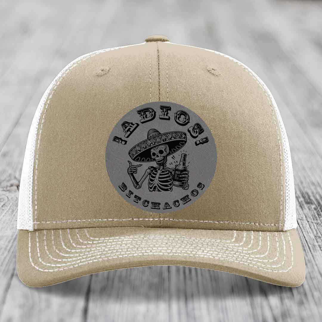 Adios Bitchachos - Leather Patch Hat - Grey to Black Patch - Richardson 112 Snapback Trucker Hat