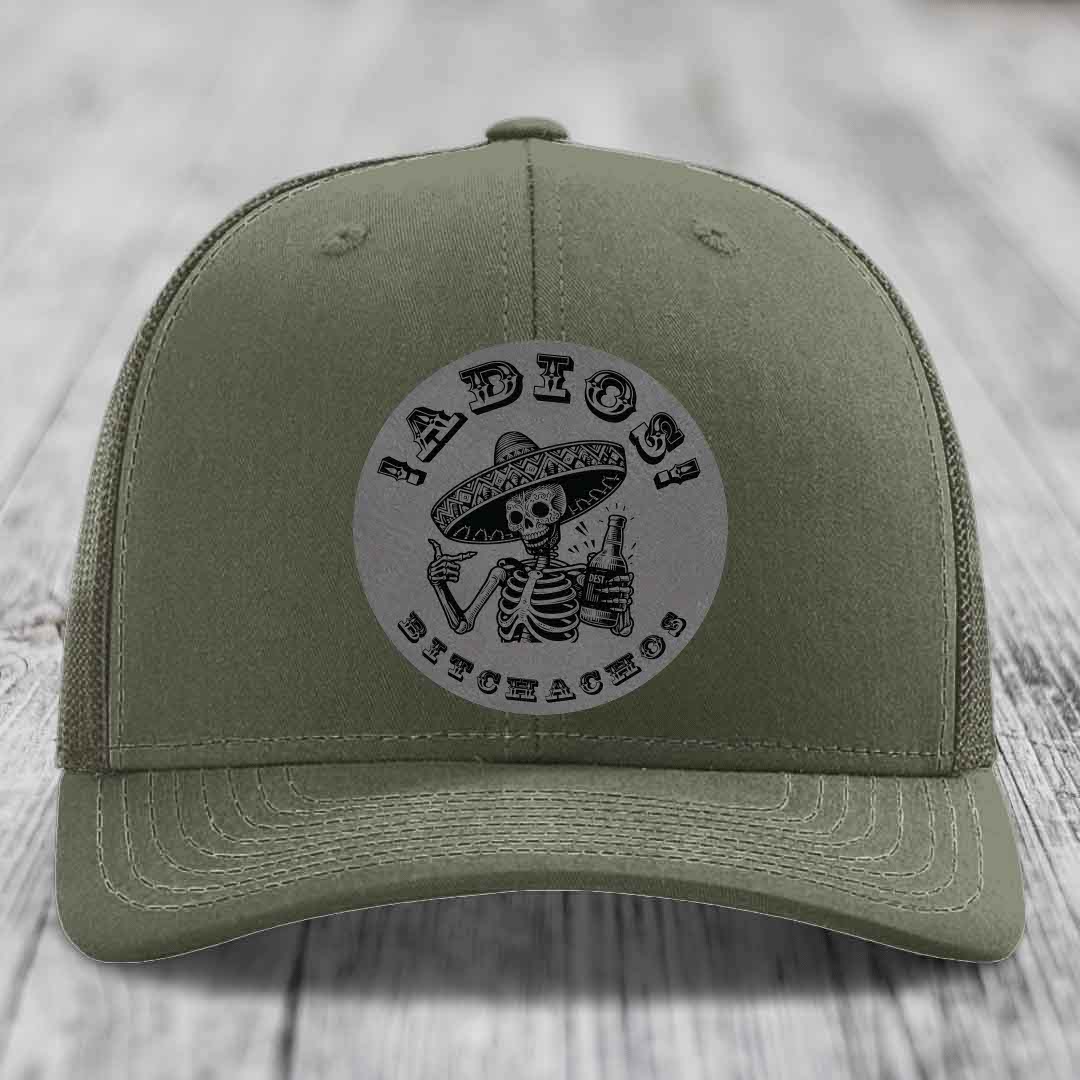 Adios Bitchachos - Leather Patch Hat - Grey to Black Patch - Richardson 112 Snapback Trucker Hat