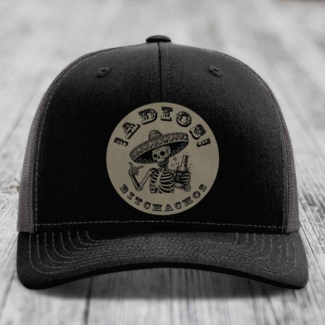 Adios Bitchachos - Leather Patch Hat - Light Brown to Black Patch - Richardson 112 Snapback Trucker Hat