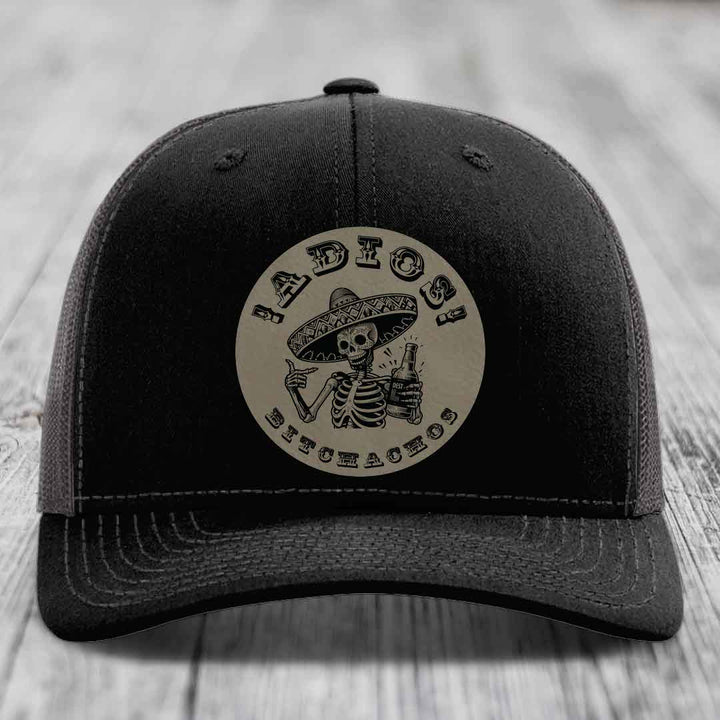 Adios Bitchachos - Leather Patch Hat - Light Brown to Black Patch - Richardson 112 Snapback Trucker Hat
