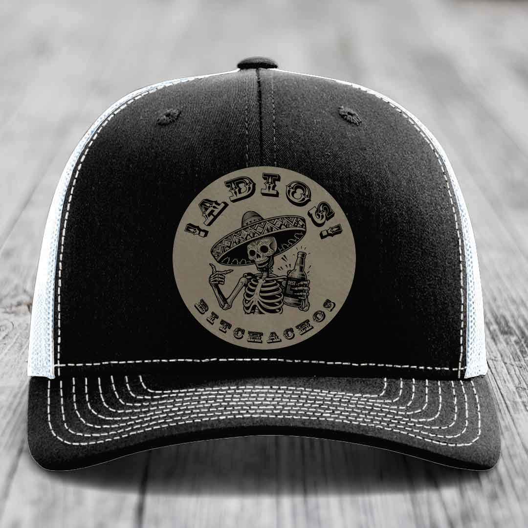 Adios Bitchachos - Leather Patch Hat - Light Brown to Black Patch - Richardson 112 Snapback Trucker Hat