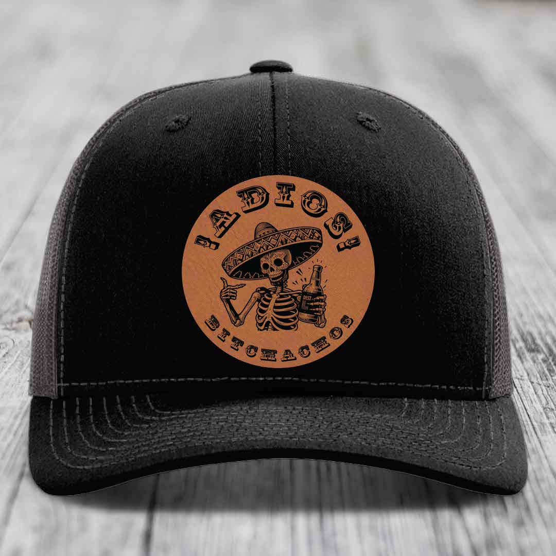 Adios Bitchachos - Leather Patch Hat - Rawhide to Black Patch - Richardson 112 Snapback Trucker Hat