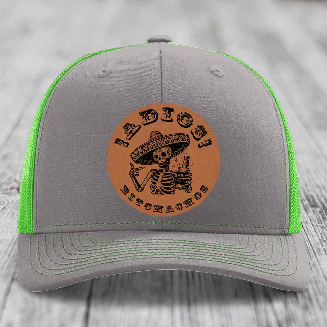 Adios Bitchachos - Leather Patch Hat - Rawhide to Black Patch - Richardson 112 Snapback Trucker Hat