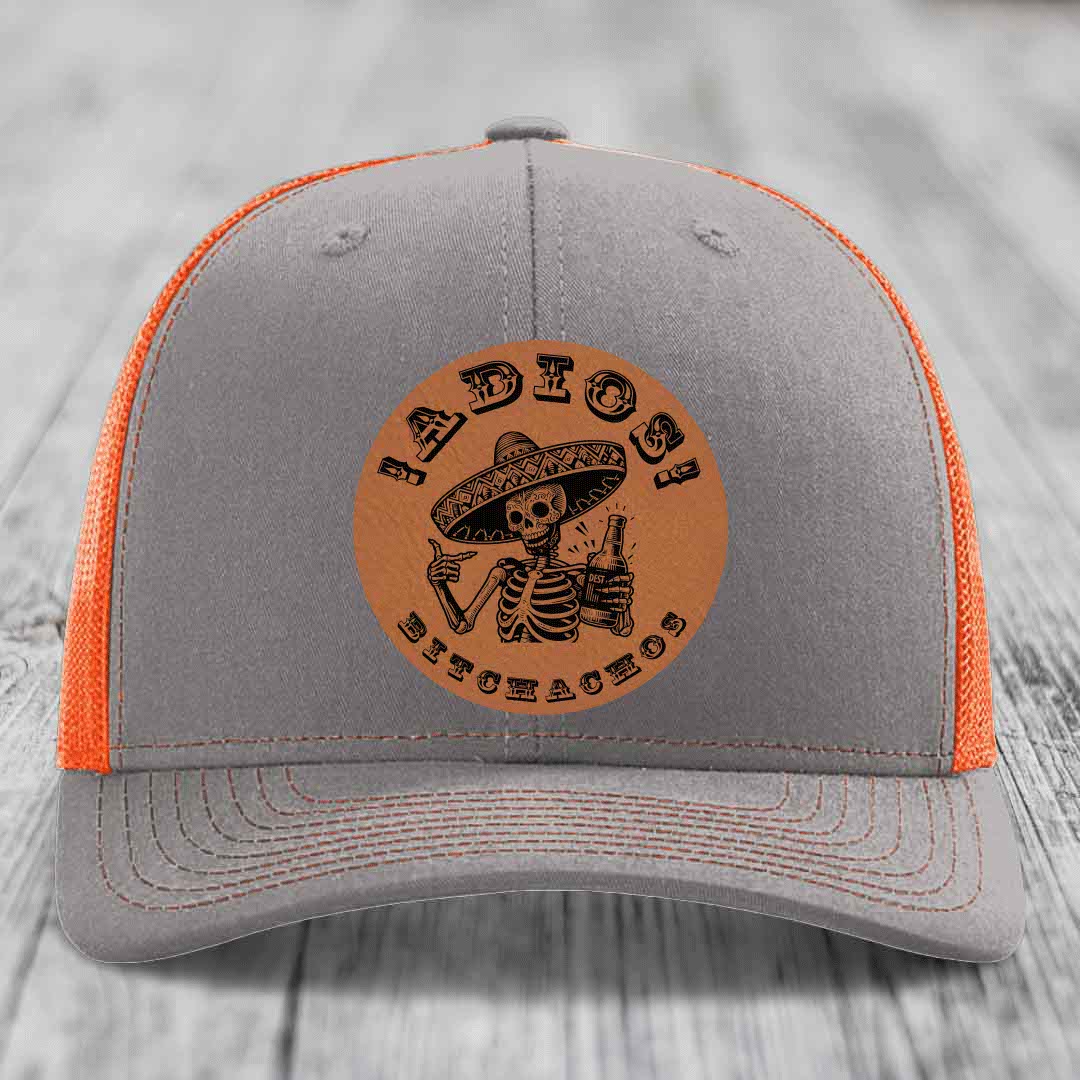 Adios Bitchachos - Leather Patch Hat - Rawhide to Black Patch - Richardson 112 Snapback Trucker Hat