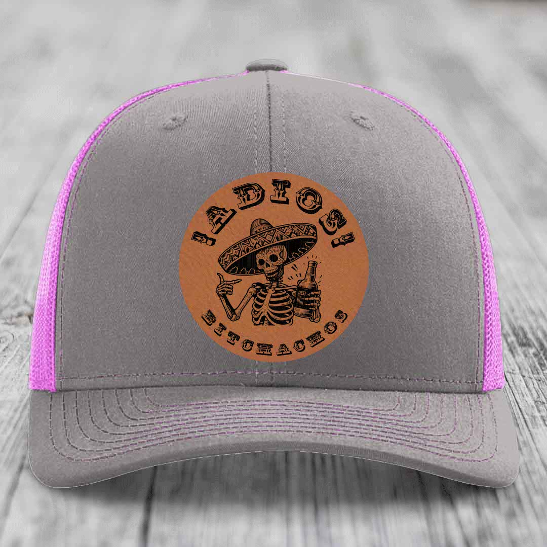 Adios Bitchachos - Leather Patch Hat - Rawhide to Black Patch - Richardson 112 Snapback Trucker Hat