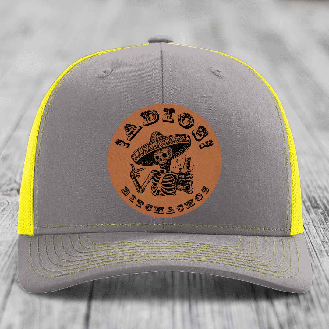 Adios Bitchachos - Leather Patch Hat - Rawhide to Black Patch - Richardson 112 Snapback Trucker Hat