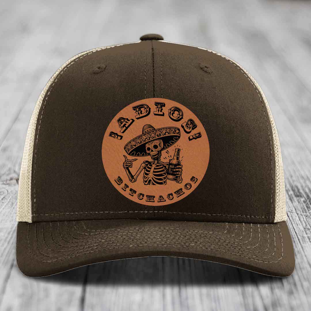 Adios Bitchachos - Leather Patch Hat - Rawhide to Black Patch - Richardson 112 Snapback Trucker Hat