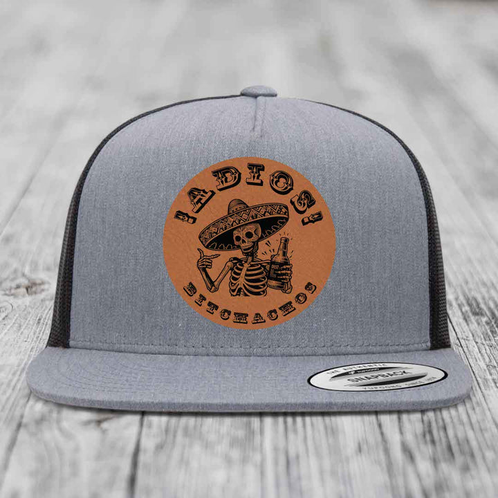 Adios Bitchachos - Leather Patch Hat - Rawhide to Black Patch - Yupoong 6006 Snapback Flatbill Hat