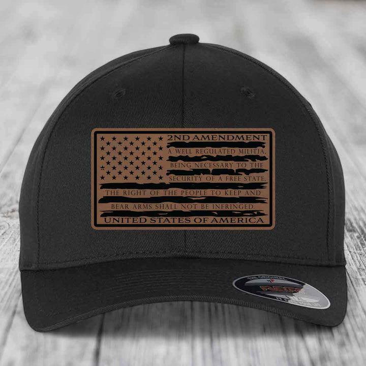 American Flag 2nd Amendment - Leather Patch Hat - Dark Brown to Black Patch - Flexfit 6277 Fitted Hat