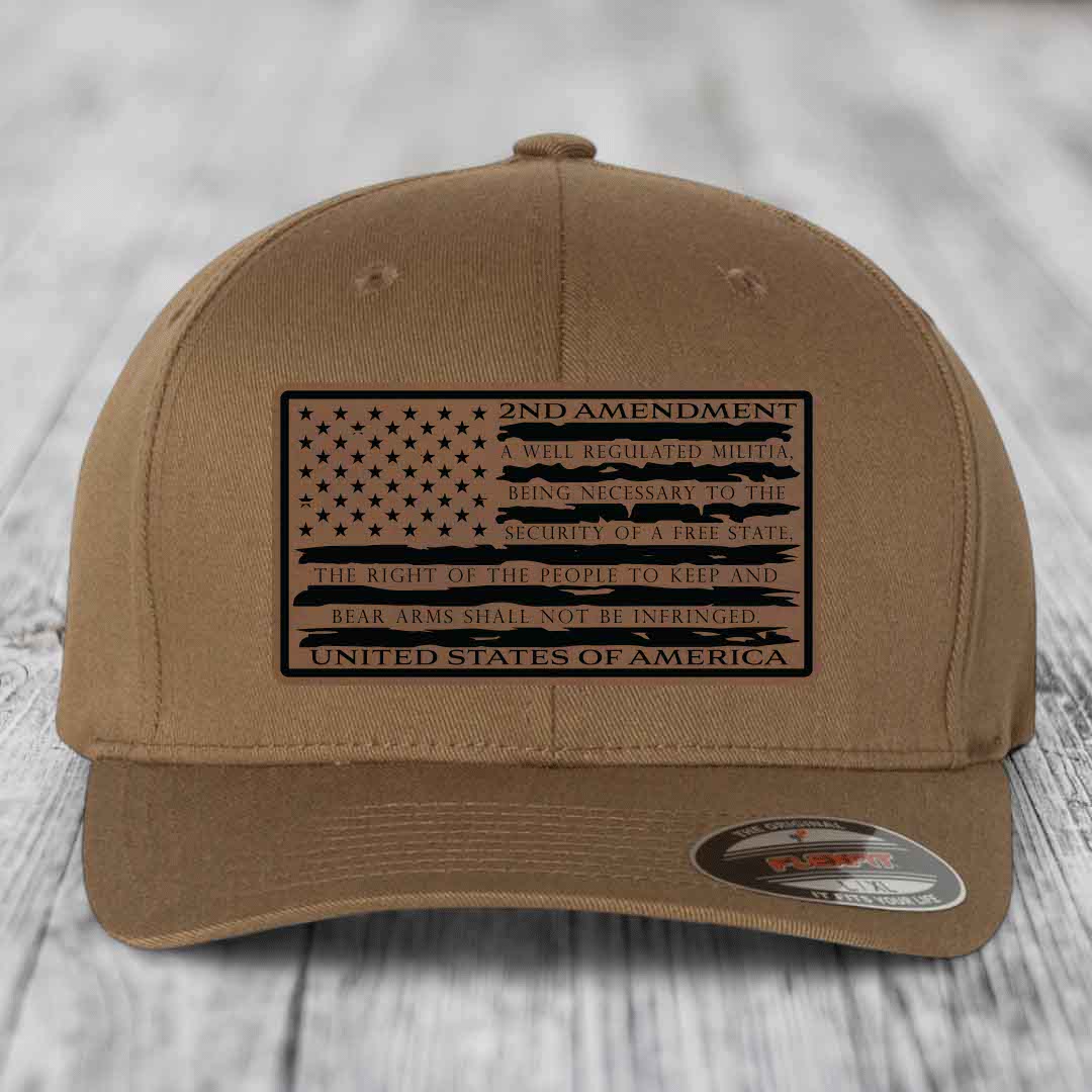 American Flag 2nd Amendment - Leather Patch Hat - Dark Brown to Black Patch - Flexfit 6277 Fitted Hat