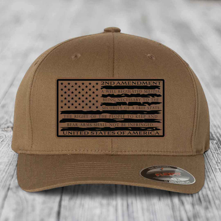 American Flag 2nd Amendment - Leather Patch Hat - Dark Brown to Black Patch - Flexfit 6277 Fitted Hat