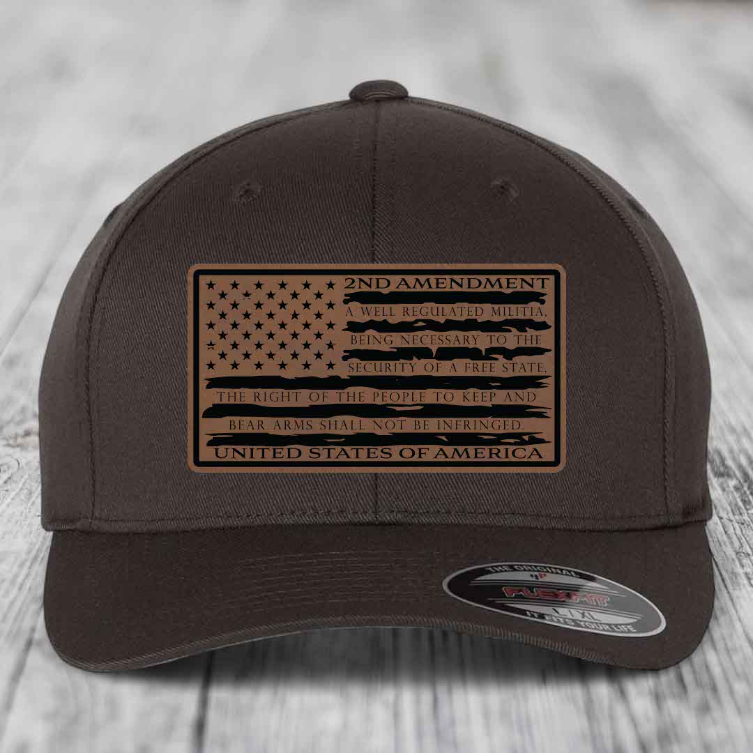 American Flag 2nd Amendment - Leather Patch Hat - Dark Brown to Black Patch - Flexfit 6277 Fitted Hat