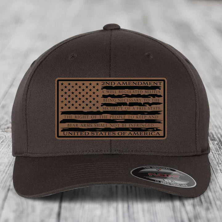 American Flag 2nd Amendment - Leather Patch Hat - Dark Brown to Black Patch - Flexfit 6277 Fitted Hat