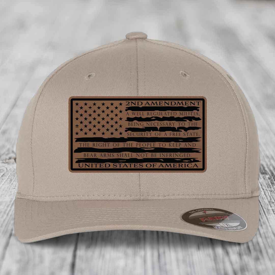 American Flag 2nd Amendment - Leather Patch Hat - Dark Brown to Black Patch - Flexfit 6277 Fitted Hat