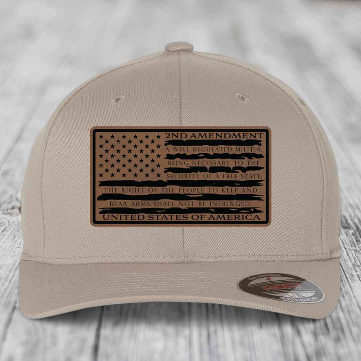 American Flag 2nd Amendment - Leather Patch Hat - Dark Brown to Black Patch - Flexfit 6277 Fitted Hat