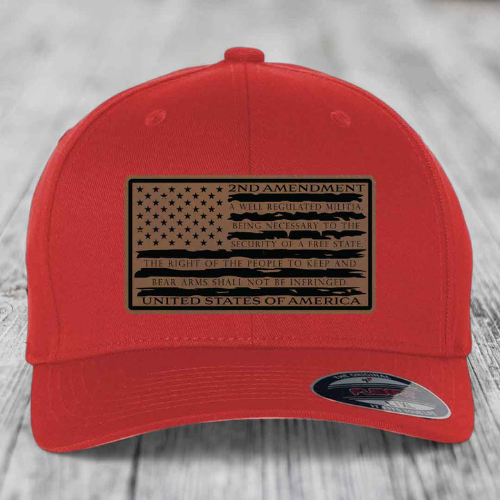 American Flag 2nd Amendment - Leather Patch Hat - Dark Brown to Black Patch - Flexfit 6277 Fitted Hat