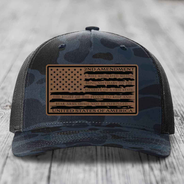 American Flag 2nd Amendment - Leather Patch Hat - Dark Brown to Black Patch - Richardson 112PFP Snapback Trucker Hat