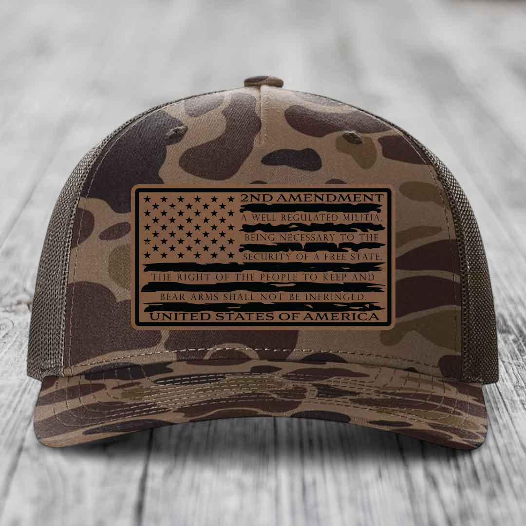 American Flag 2nd Amendment - Leather Patch Hat - Dark Brown to Black Patch - Richardson 112PFP Snapback Trucker Hat