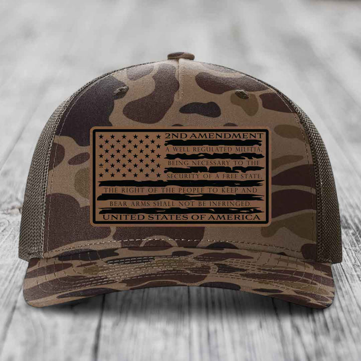 American Flag 2nd Amendment - Leather Patch Hat - Dark Brown to Black Patch - Richardson 112PFP Snapback Trucker Hat