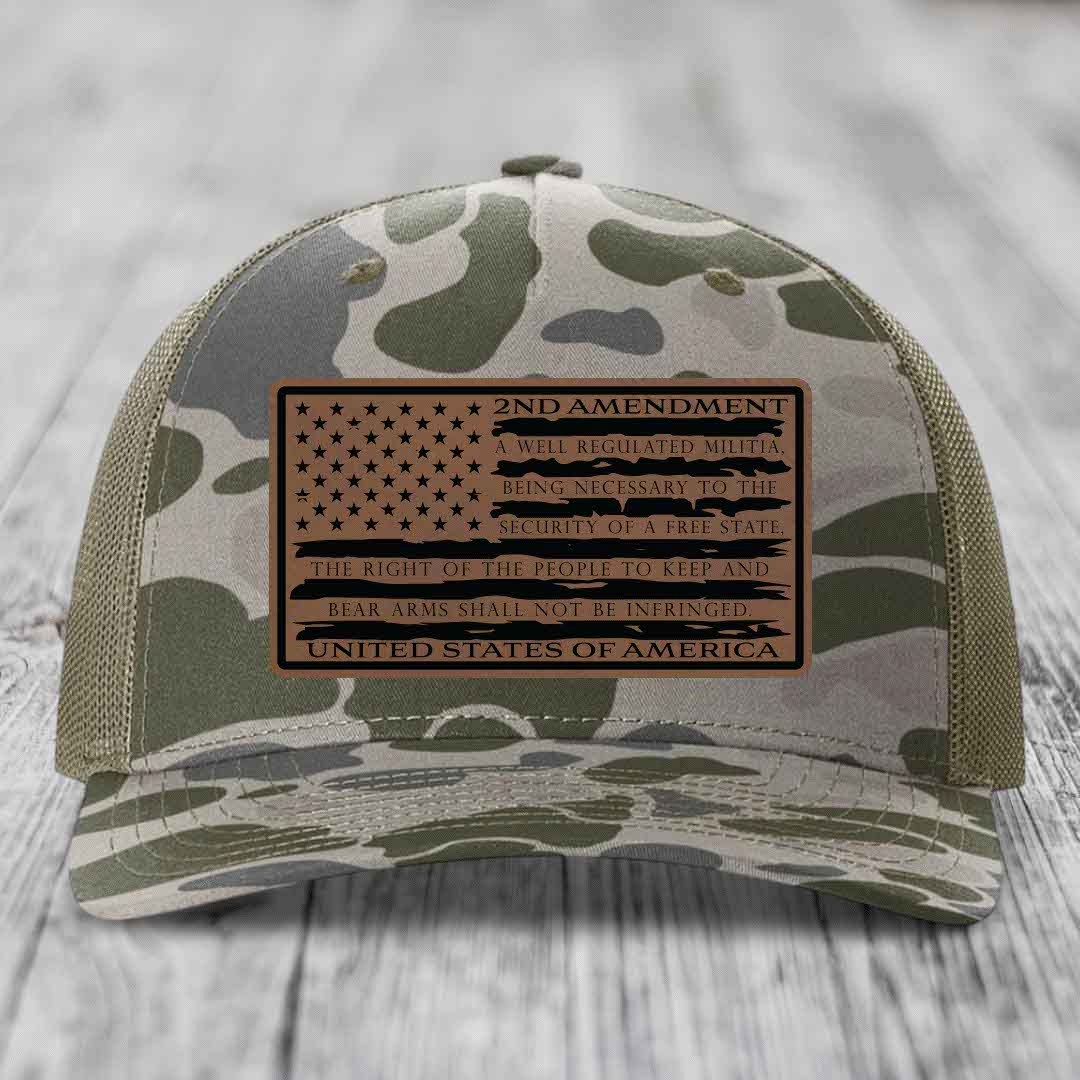 American Flag 2nd Amendment - Leather Patch Hat - Dark Brown to Black Patch - Richardson 112PFP Snapback Trucker Hat
