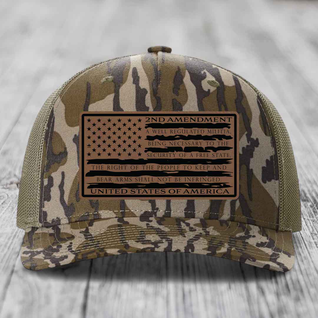 American Flag 2nd Amendment - Leather Patch Hat - Dark Brown to Black Patch - Richardson 112PFP Snapback Trucker Hat