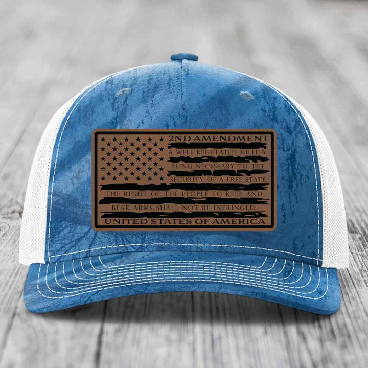 American Flag 2nd Amendment - Leather Patch Hat - Dark Brown to Black Patch - Richardson 112PFP Snapback Trucker Hat