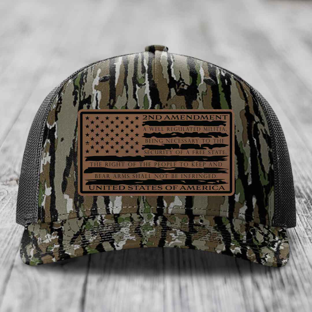American Flag 2nd Amendment - Leather Patch Hat - Dark Brown to Black Patch - Richardson 112PFP Snapback Trucker Hat
